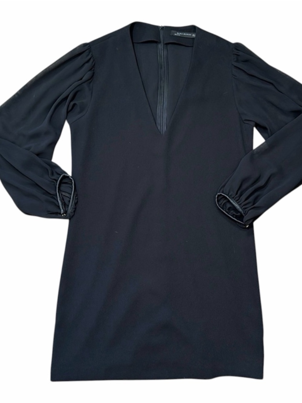 Women’s ZARA puff sleeve black dress • deep V neck • sz medium